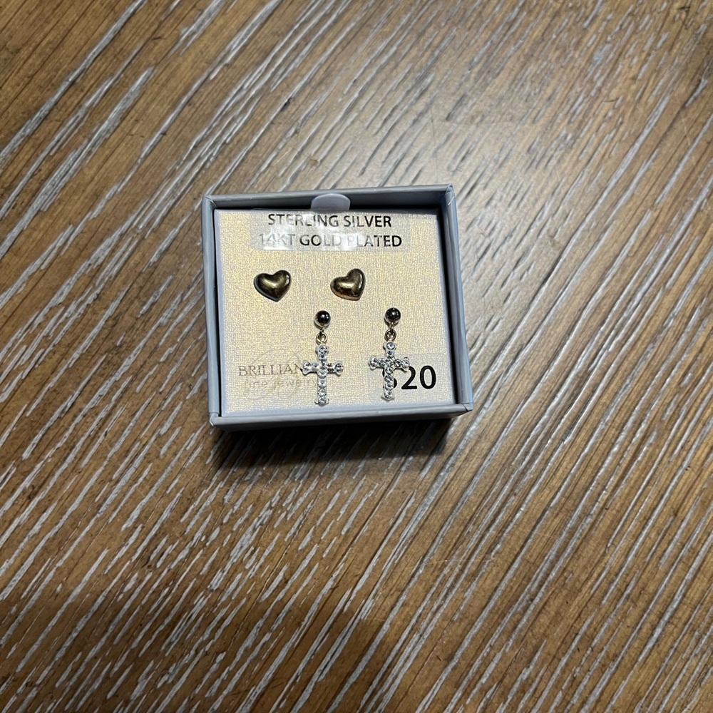 Brilliance Sterling Silver 14k Gold Plated Heart and Cross Earring Set